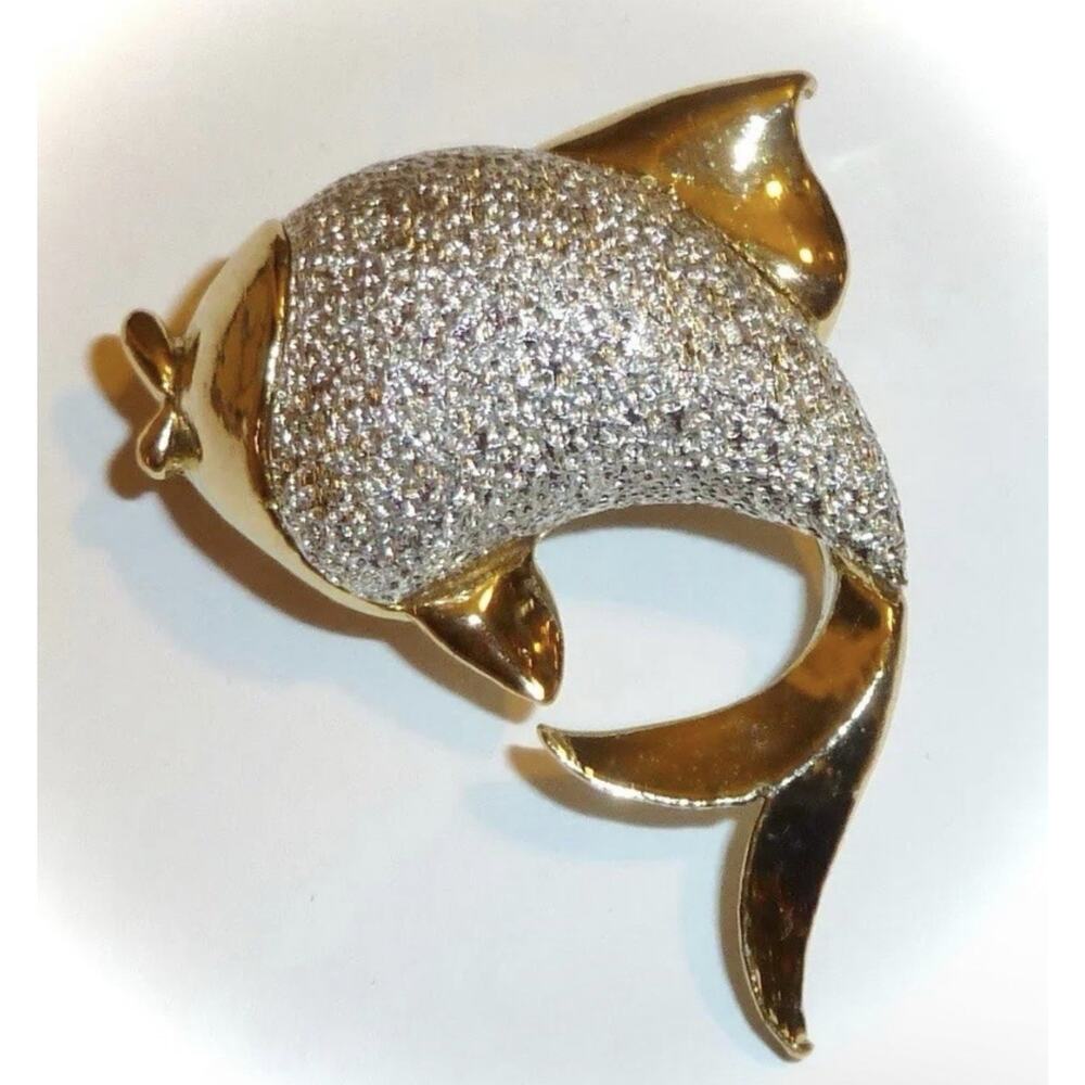Gerry's Kissing Fish Brooch Sparkly Textural Gold & Silver Tone Whimsical Pin